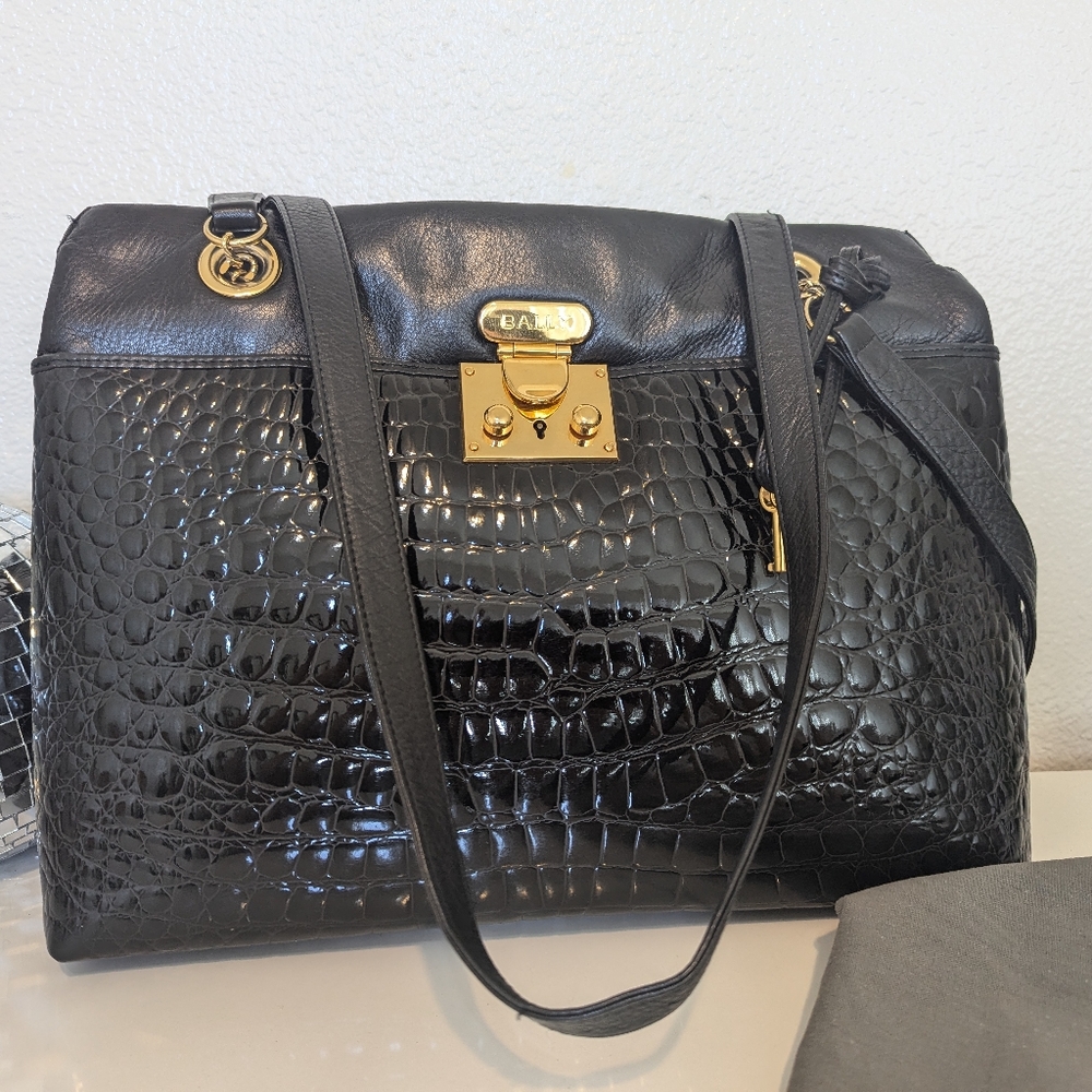 Bally Black Croc-Embossed Leather Bag with Gold Accents - Picture 8 of 15